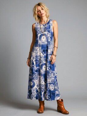 S M Vintage 1990s STREET CODE Blue Abstract Patterns Maxi Dress 90s Y2K